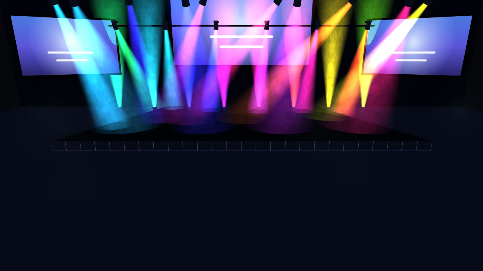 The demo stage in 3D: moving heads and washes throw coloured beams through haze, with screens behind the stage.