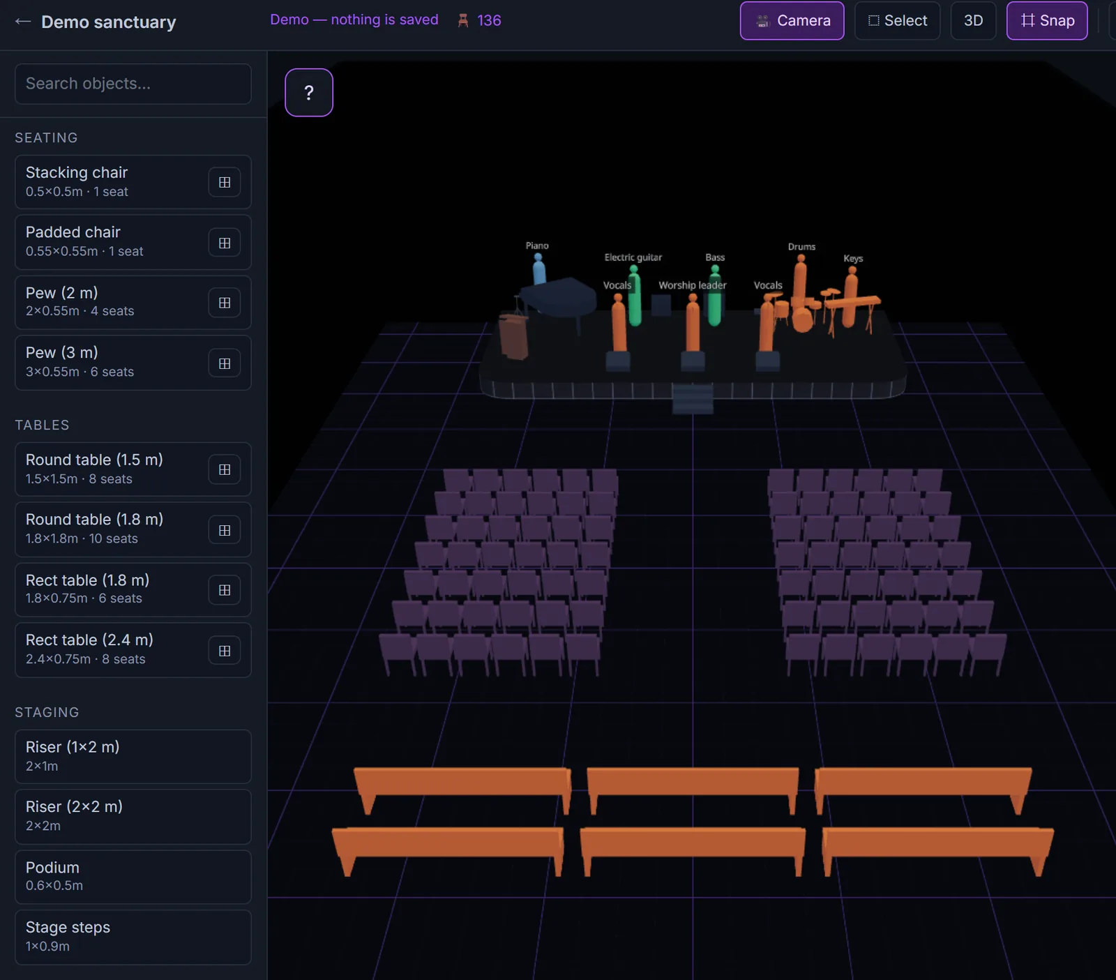 The 3D Sanctuary Designer: a stage with labelled positions for piano, vocals, guitars, drums and the worship leader, blocks of chairs and rows of pews.