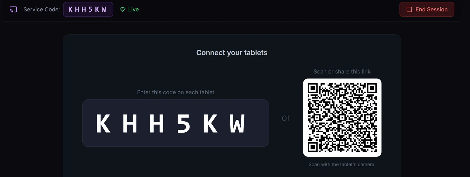 A live Stage session: the six-letter code KHH5KW and a QR code that the band's tablets use to join.