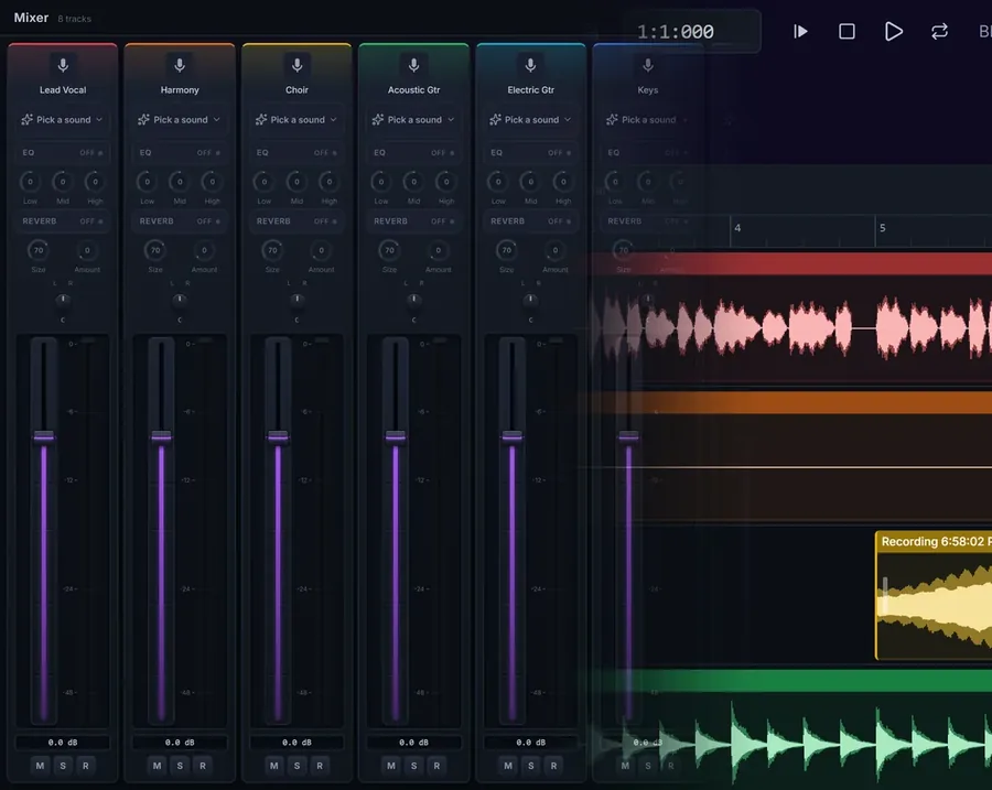One song in the studio: the mixer's channel strips for lead vocal, harmony, choir and guitars, blending into the timeline where each part is its own recording.