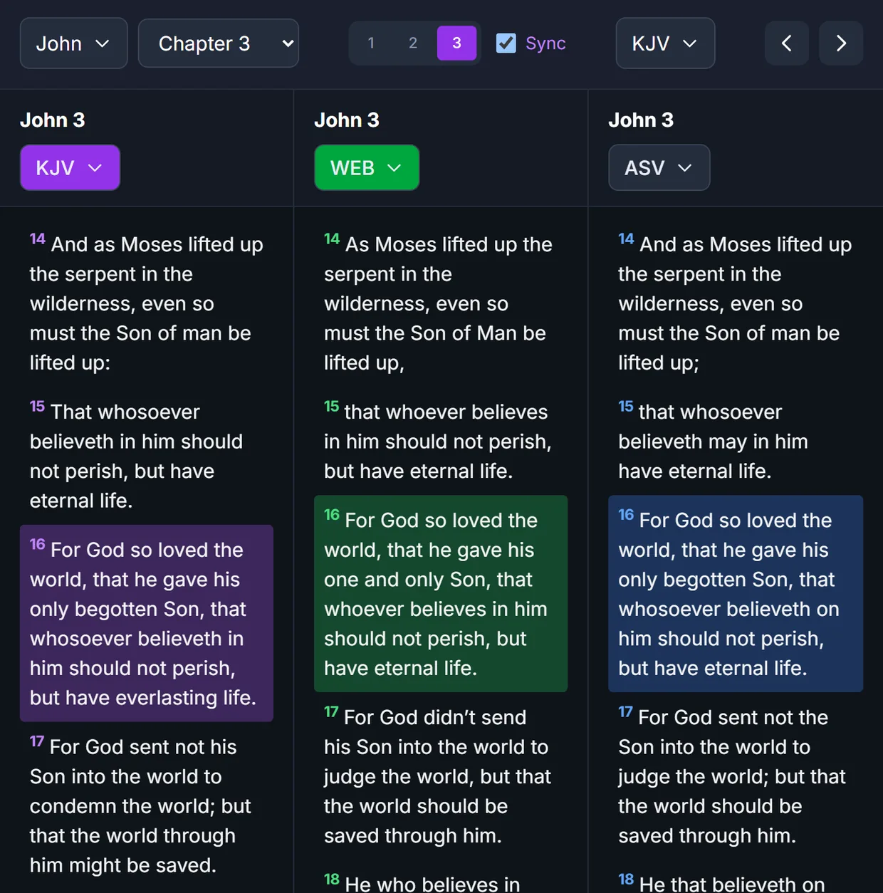 John 3 in three columns, KJV, WEB and ASV, scrolled together with verse 16 highlighted in each.