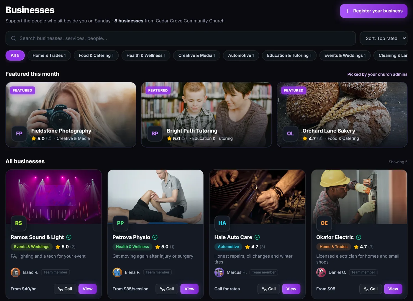 The business directory: featured listings for a photographer, a tutor and a bakery, then cards with photos, star ratings, starting prices and Call and View buttons.