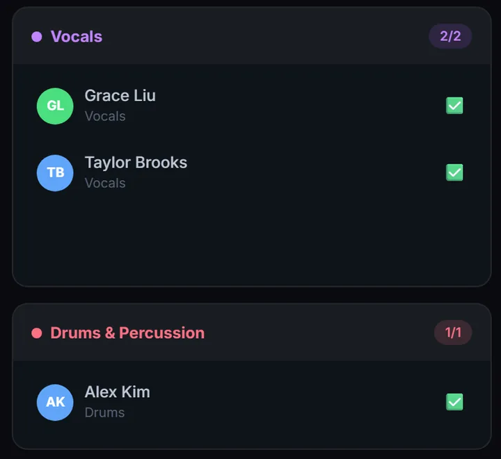 Two positions on a published schedule: Vocals with Grace Liu and Taylor Brooks, and Drums with Alex Kim, all confirmed.