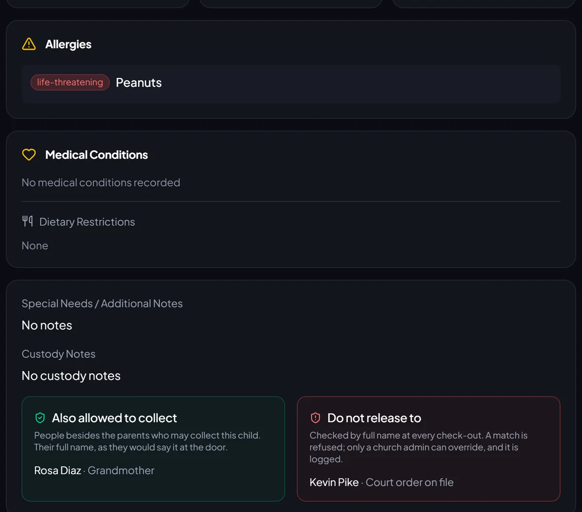 Lucy's record: a life-threatening peanut allergy, her grandmother on the list of people also allowed to collect her, and one person on the do-not-release list.