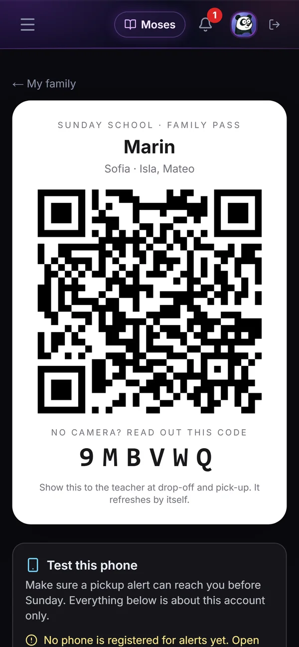 A parent's Family Pass on a phone: the family name, the children, a QR code and a six-letter code to read out.