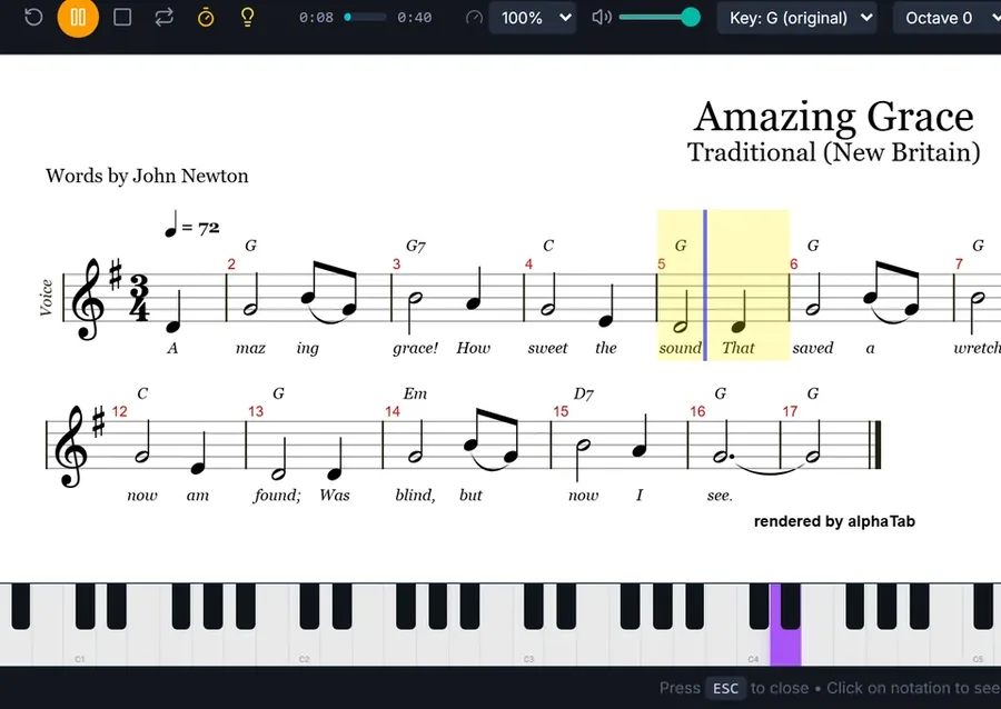 Amazing Grace as a lead sheet, playing: melody, chords and lyrics, the cursor on bar 5, the note lit on a piano keyboard, and menus for key, octave, note size, paper and print.