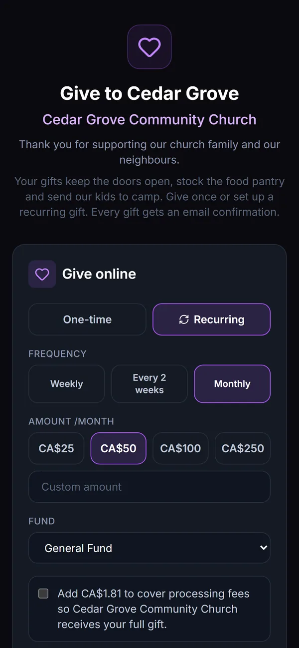A donation page on a phone with a recurring gift: weekly, every two weeks or monthly, an amount and a fund.