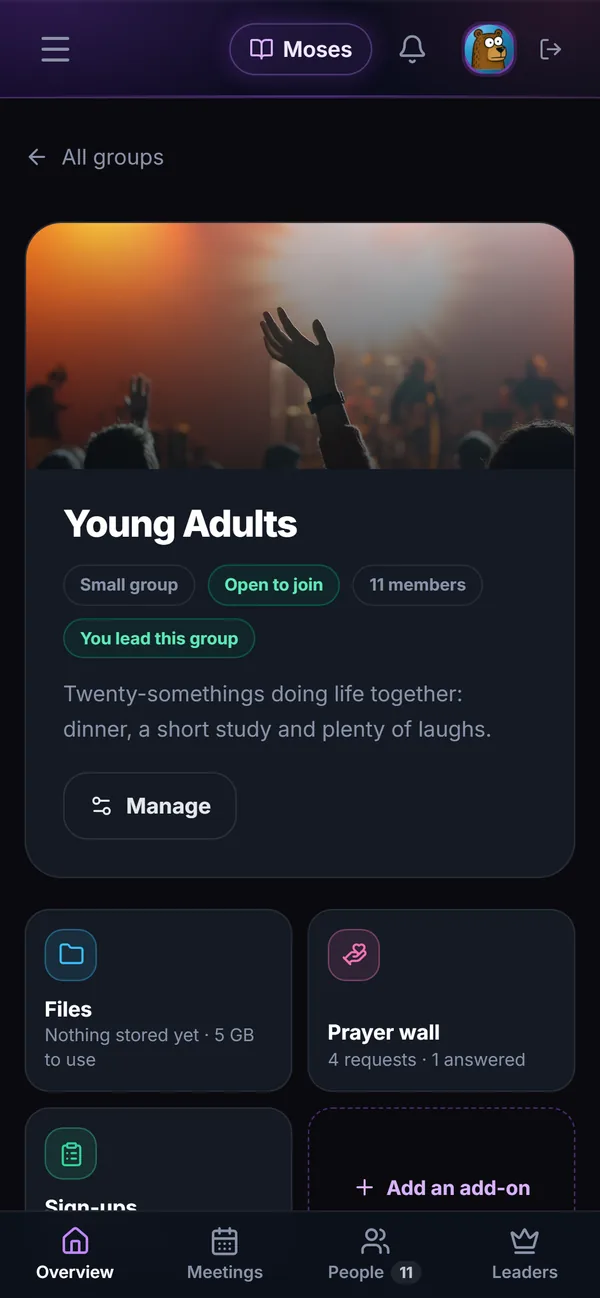 A small group's page on a phone with its add-ons.