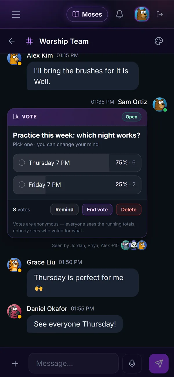 Team chat on a phone with a poll for the practice night.