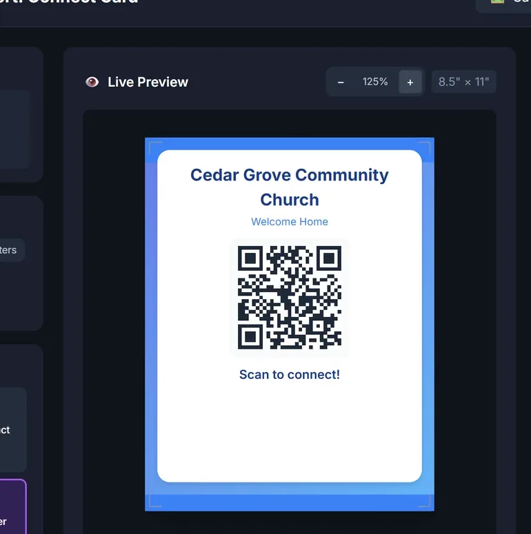 QR Code Lab's export page: a connect-card QR code as a large poster in the Ocean theme, with print templates, categories, church details and nineteen colour themes.
