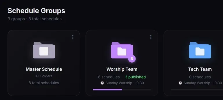 Schedule Groups: folders for the master schedule, Worship Team, Tech Team, Hospitality and ungrouped schedules.