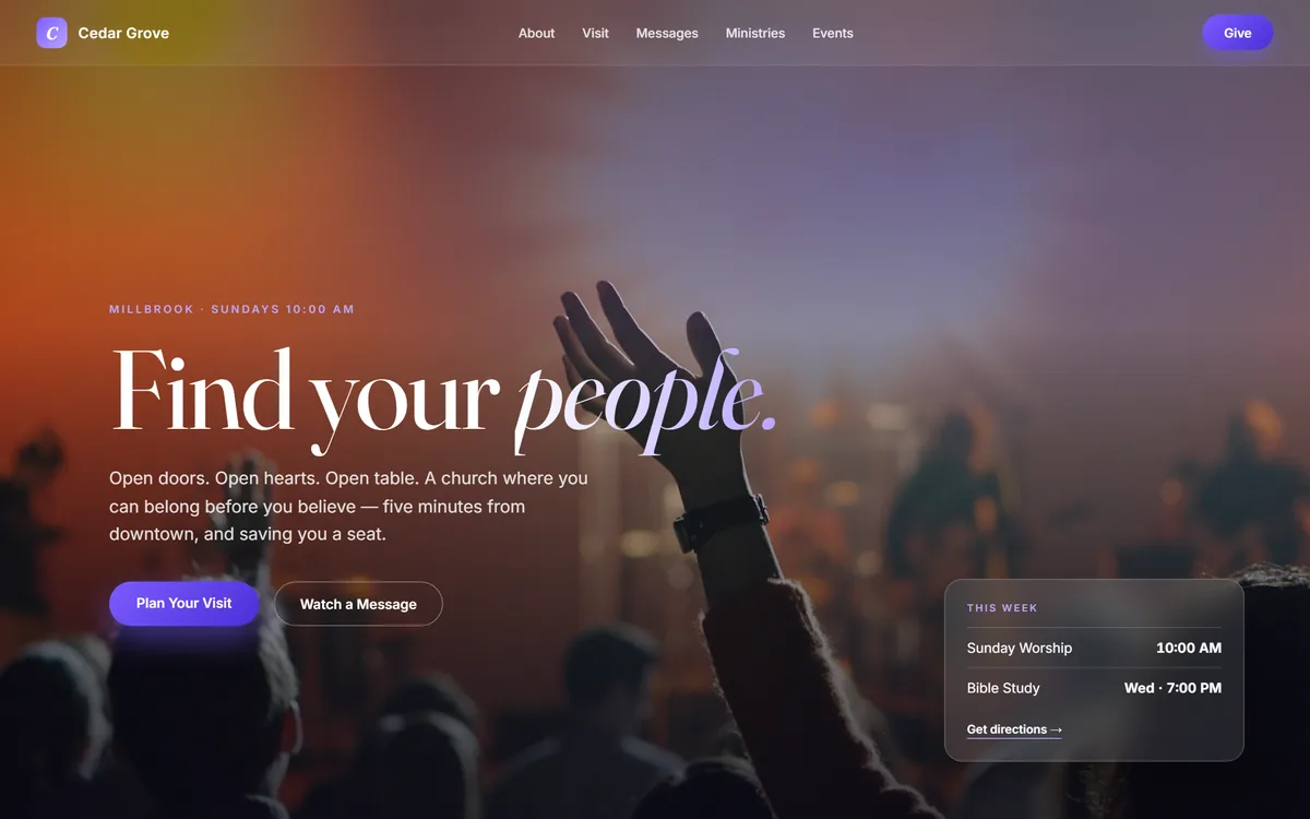 The Luminous church website design, shown with a sample church.